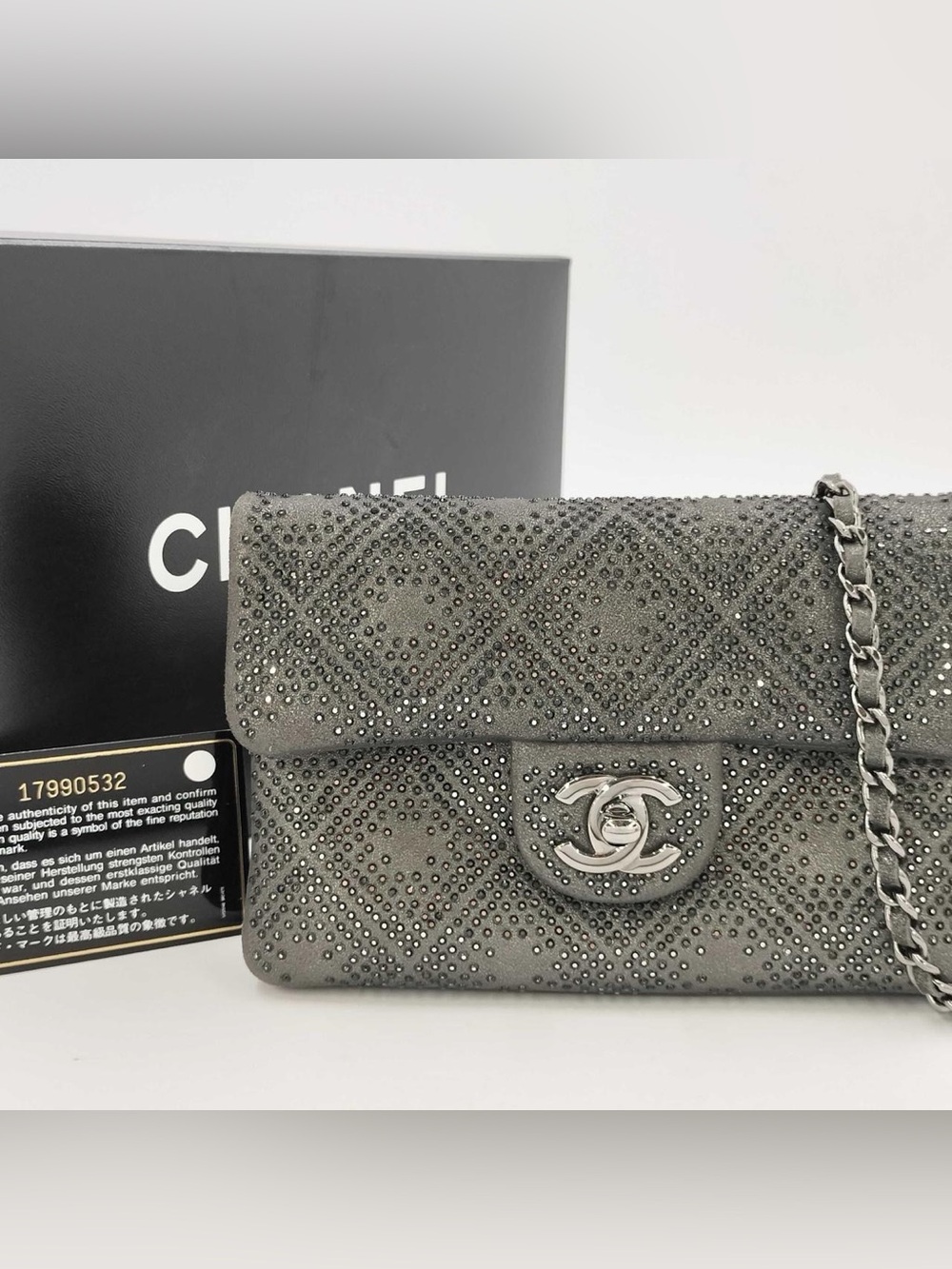 CHANEL Gray Crystal-Studded Quilted Flap Shoulder Bag